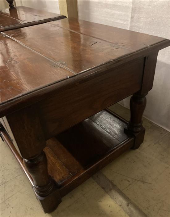 A pair of 18th century style oak square topped lamp tables, width 59cm, depth 59cm, height 50cm